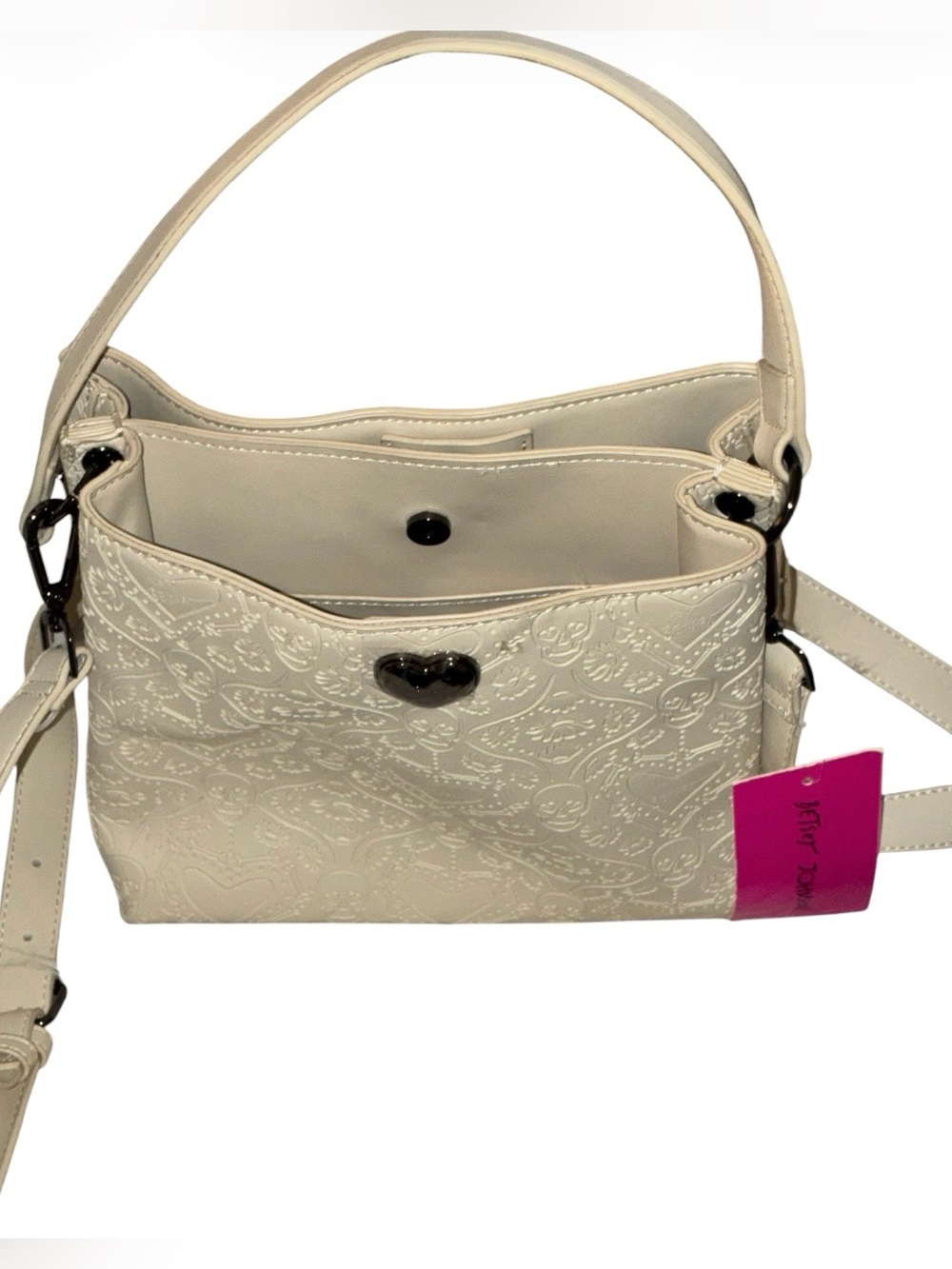 Betsey Johnson XOWALLY2 Chalk White Skull & Heart Embossed Crossbody Bag
